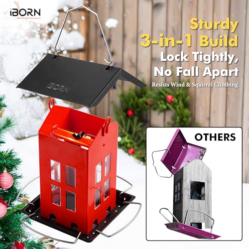 iBorn Bird Feeder House, Metal Bird Feeders for Outdoors Hanging,Double-Sided Metal Hanger & Weatherproof, Easy to Clean & Refill, 2.2 Lbs Capacity, Red - color: Red