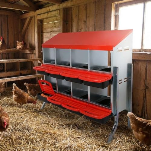 GarveeHome 2-Tier Chicken Nesting Box, 8 Compartment Metal Chicken Laying Boxes with Waterproof Roof ＆ Removable Trays for Hens, Poultry，Easy Egg Collection - color: Red, size: 46.1"L x 16.5"W x 16.5"H