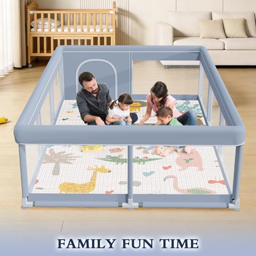 XVISHX 74 x 50 Inch Baby Playpen with Mat, Playpen for Babies and Toddlers, Baby Playard for Indoor & Outdoor Active Center Game Fence, with Skin-Friendly Fabric and Soft Breathable Mesh, Grey - size: 74 × 50 Inch With MAT