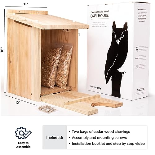 WHITEHORSE Large Cedar Owl House - Premium and Weatherproof Design - 16" x 12" x 11" - A Nesting Box for Screech Owls, Boreal, Northern Pygmy, Saw-whets, Elf, Flammulated, Kestrel and Others