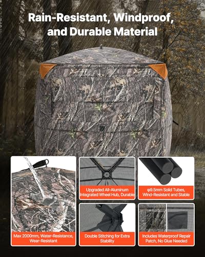 VEVOR Hunting Blind，See Through Ground Blinds with Carrying Bag, 360 Degree Portable Camouflage Tent，Durable Concealed Shelter with Silent Side Door and Window, for Turkey and Deer - size: 2-3 Person（360° See Through ）