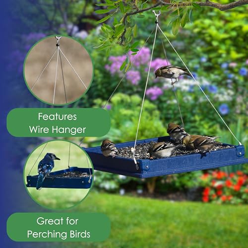 Large Recycled Plastic Platform Bird Feeder - Blue | 12.5-Inch Recycled Plastic Tray with Removable Perforated Steel Drain Plate - Cardinals, Finches, Blue Jays