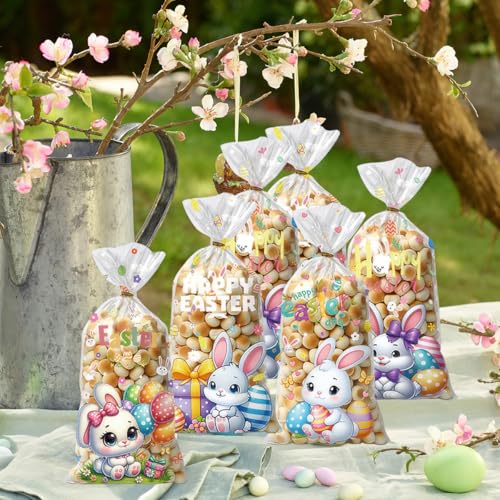 BASEMMAHER 50 Pieces Easter Candy Gift Packaging Bags Spring Bunny Egg Flowers Cellophane Treat Bags Goodies Cookies Gift Wrappings Bags for Easter Holiday Birthday Party Favors Supplies