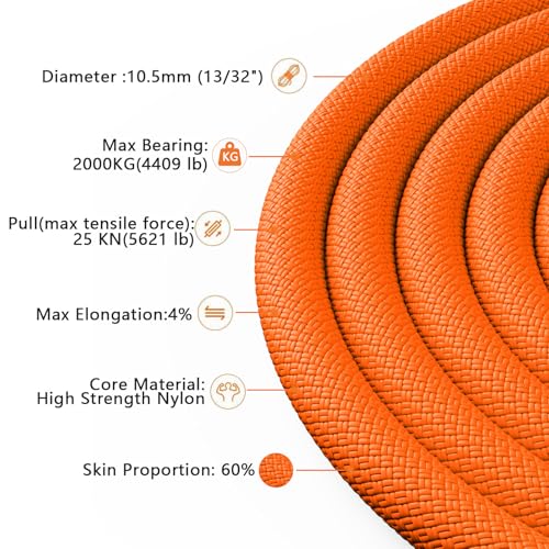 X XBEN Outdoor Climbing Rope 10M(32ft) 20M(64ft) 30M(96ft) 50M(160ft) 70M(230ft) 152M(500FT) 352M(1000FT) Static Rock Climbing Rope for Escape Rope Ice Climbing Equipment Fire Rescue Parachute - color: Orange, size: 2/5 Inch x 160 Feet