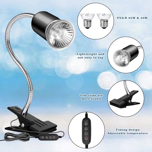 Hermit Crab Heat Lamp, Reptile Heat Lamp with Clamp, Reptile Light with Rotatable Hose and Timer, Suitable for Reptiles Lizard Turtle Tortoise Snake Bearded Dragon Hermit Crab, 2 Bulbs 25W+50W - size: Single-Head
