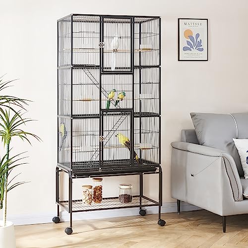 Panana 69inch Height Large Bird Cages Parrot Cage Wide Flight Metal Animal Cage for Budgie Parakeet Conure with Rolling Stand Wheels (Black)