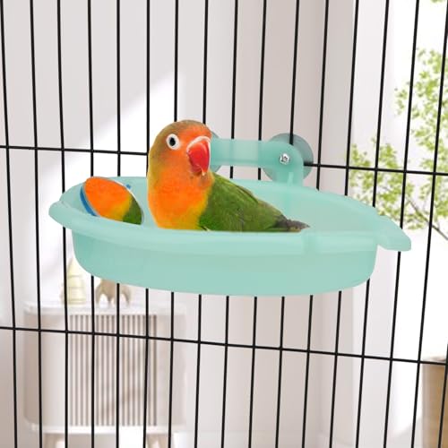 Wontee Bird Bath with Mirror for Small Birds Budgie Parakeet Cage, Green | Mirror design for fun & stimulation, easy to install and clean, stable, 7.4x3.9x1.4 inch size for lovebirds/canaries/finches - color: Green