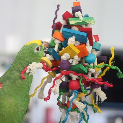Colorful Parrot Chew Toy for Aggressive Chewers (Large) | Durable Bird Toy with Wood Blocks & Cotton Rope, 37cm Hanging Foraging Toy for Small to Large Parrots