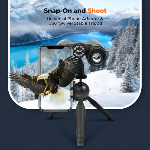 15x45 High Powered Binoculars for Adults, Phone Adapter and Tripod | BAK4 Prism, FMC Optics, Waterproof, Large View with Clear Low Light Vision for Bird Watching Cruise Travel Wildlife Viewing - size: 15x45