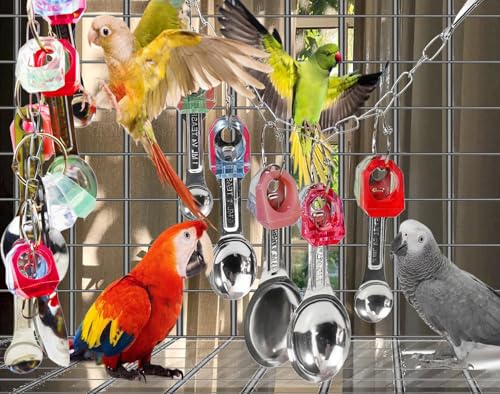 Bird Chew Toys, Parrot Toys, Spoon&Ring Toy for Small/Medium Birds | Steel Chain Spoons, Acrylic Rings, Bird-Safe Toy, Hangs Securely, Mental Stimulation; For Macaws, Cockatoos, Greys & More