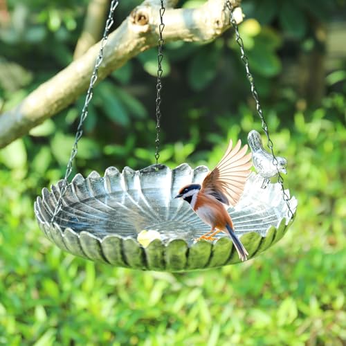 Hanging Bird Bath Outdoors Metal Bird Baths Feeder for Garden Decor | 11.6 Inch Hanging Bird Baths Flower Shape Silver Birdbath Bird Feeder Bowl for Outside, Garden, Lawn Yard Decor