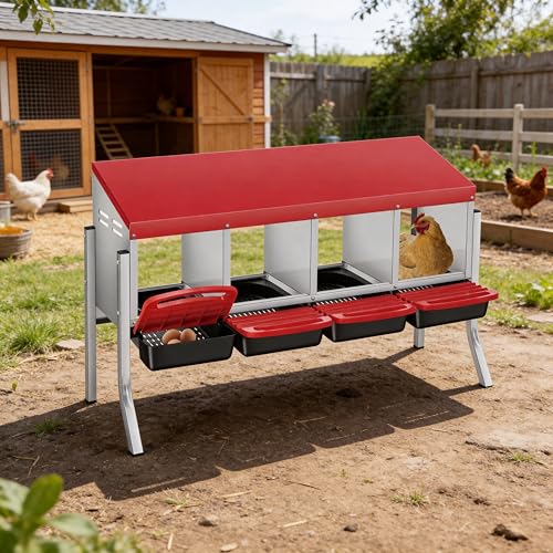 4 Holes Chicken Nesting Boxes for Laying Eggs, Wall-Mounted & Floorstanding Nesting Boxes for Chickens Ducks Geese, for Farm Backyard Chicken Coops, with Metal Leg, Red - color: Red, size: 4 Holes with metal legs