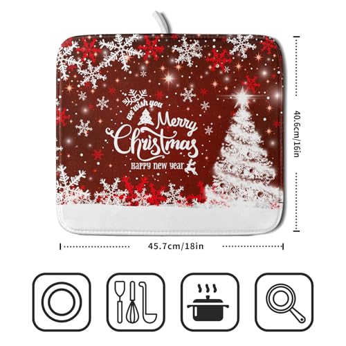 Happy New Year Red Dish Drying Mat for Kitchen Counter,Merry Christmas Tree Snowflake Drying Mat 16 x 18 Inch with High Absorbent Reversible Microfiber Dish Drying Pad Drainer Mat for Coffee Bar - color: Happy New Year, size: 16" x 18"