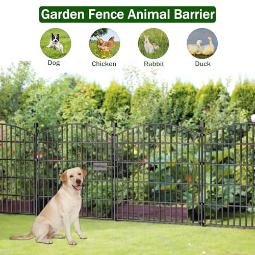 10 Panel No Dig Decorative Garden Fence with Gate 32"H x 23.6'L Dog Barrier | Rustproof welded Metal with deep stakes for outdoor yards, patios. Modular design contains pets, rabbits, small animals. - size: 32 in(H) X 23.6 ft(L)