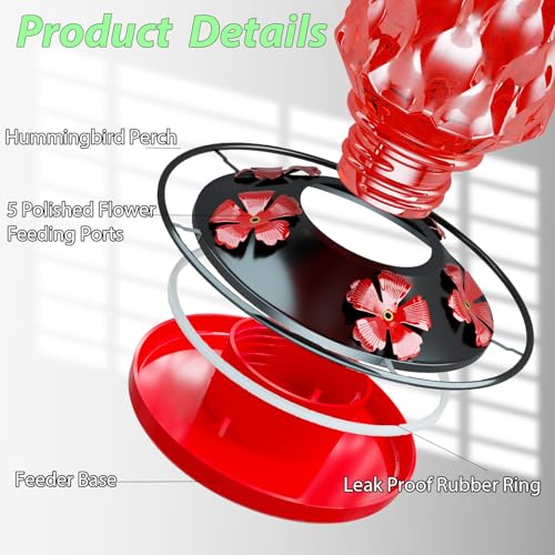 24OZ Glass Hummingbird Feeders for Outdoors Hanging,Five Feeding Ports with Perch, Leak Proof for Gardens Decor Backyard, Bird Feeder for Outside, Birthday Gifts for Women Men, Gifts for Mom Dad - color: Red