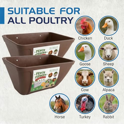 Hanging Chicken Feeder Waterer Heavy Duty BPA-Free Plastic Feed Trough, Fence Mount Livestock Feeding Bucket, Backyard Poultry Farm Supplies for Duck, Turkey, Goat, Sheep, 2 Pack, Brown - color: Brown