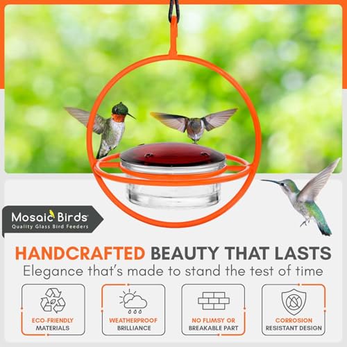 Hummingbird Feeder for Outdoors Hanging, 3.4 OZ Hummingbird Feeders, Glass Bowl with 4 Feeding Ports, Leak Proof Lid & Circular Perch, Orange Bird Feeder, Unique Hummingbird Feeders - color: Orange