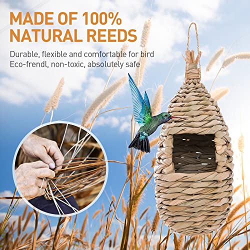 WDEFUN Humming Bird Houses for Outdoor Hanging, Natural Grass Bird Hut,Hand Woven Hummingbird Nest,Wren Finch Bird House for Garden Window Outdoor Home 3 Pack - size: water shape 3 pcs