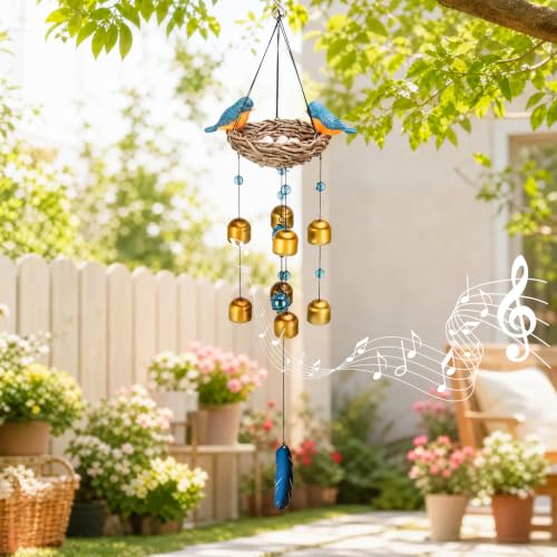 Wind Chime for Outside, Blue Bird Resin Wind Bells for Garden Decor | 27.5" Wind Chimes Outdoor with Resin Blue Bird Statues and 8 Metal Bells, Soothing Tone Wind Bell Chimes, Housewarming Gifts - size: Birds