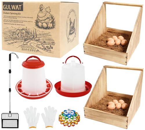 61pcs Novice Home Chicken Farming Set, 2 Pieces Nesting Boxes for Chickens, Coop Scoop for Sand, Chick Feeder and Waterer Set, 6pcs Wooden Eggs for Chicken Coop, 50Pieces Chicken Leg Bands Multicolor