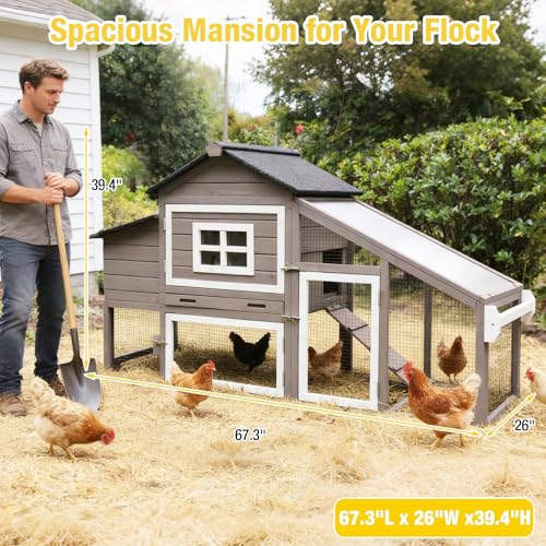 Aivituvin Mobile Chicken Coop with Wheels for 2-4 Chickens, Backyard Expandable Chicken House Duck Cage with Run, 2 Nesting Boxes, Easy Clean Pull-Out Tray, Leak-Resistant Asphalt Roof, 72.3"(Brown) - color: Brown, size: 72.3"L x 26.0"W x 39.4"H