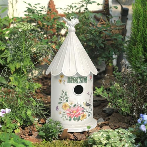 Metal Hanging Birdhouses for Outdoors Bird Houses for Outside Unique Bird Nest for Bluebird Wren Chickadee Sparrow Bird Nest Box for Garden Patio - color: White A