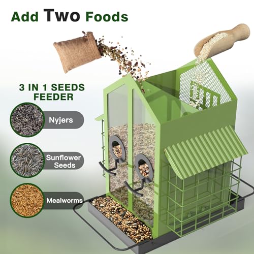 FlowaFoli Bird Feeders for Outdoors, Metal Bird Feeder with Double Suet Cage Weatherproof Metal Roof, 2 in 1 Mixed Seeds Suet Feeder, 4Lbs Large Capacity, Great for Finch、Cardinal、Chickadee（Green） - color: Green