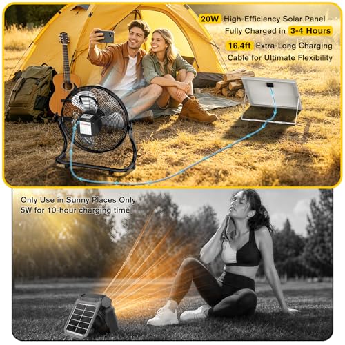 14" Solar Powered Fan with 20W Detachable Solar Panel, Black | Built-in Rechargeable Battery, Portable, 12 Speed, 360° Tilt for Outside, Camping, Greenhouse, Chicken Coop, Patio, gazebo - color: 14" Black