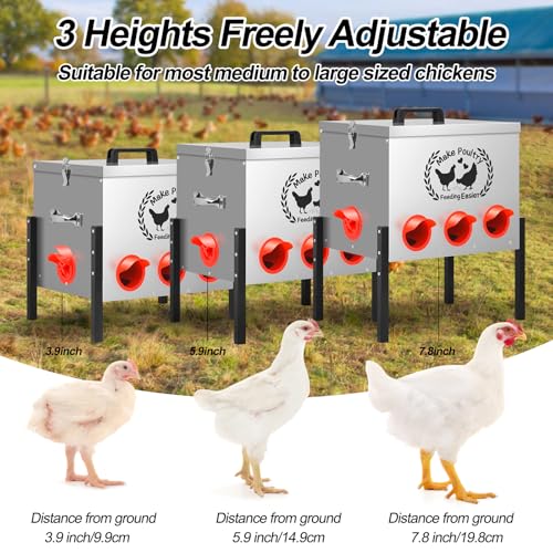 50LB Automatic Chicken Feeder Kit 8 Ports Large Metal Poultry Feeder Duck Chicken Coop Chick Feeder System Food Dispenser No Waste with Adjustable Legs Locking Lid Vegetable Hanging Bag Leg Rings