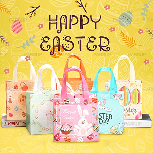 PARSUP 6PCS Happy Easter Bunny Carrot Chick Egg Hunt Gift Treat Multifunctional Non-Woven Bags with Handles,Easter Party Supplies for Gifts Wrapping, 8.3×7.9×5.9inch - color: Blue Orange Yellow Pink Green
