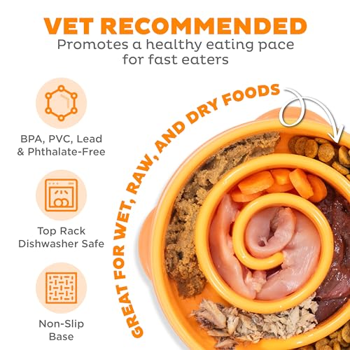 Outward Hound Fun Feeder Slo Bowl – Medium 2‑Cup Capacity, Slow Feeding, Small to Medium Dogs & Cats, Non-Slip, Orange, Swirl Pattern - color: Orange, size: Medium