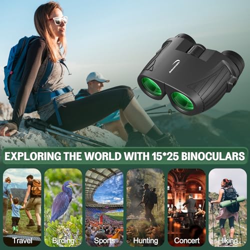 Aurosports Compact Binoculars for Adults & Kids - 15x25 High Power Binoculars with FMC Lenses & High Light Transmission Ultra Lightweight & Small Binos for Bird Watching Gifts for Men Women - Black - size: 15x25