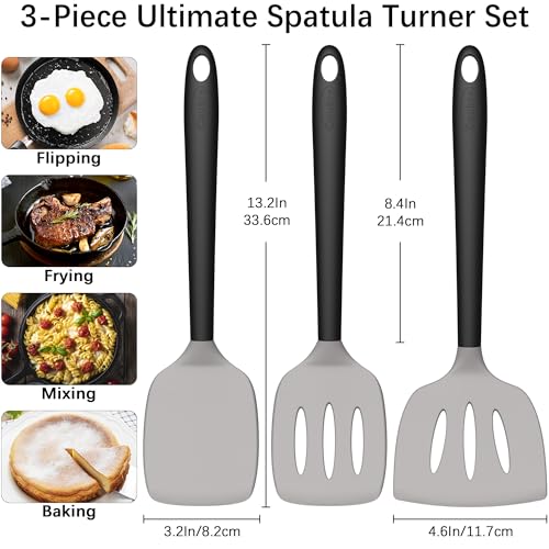 Coukre 3 Pack Silicone Spatula Set, Heat Resistant to 500°F, BPA-Free | Fish Spatula, Solid & Slotted Turners, Dishwasher Safe, Spatula Set for Eggs, Pancakes, Fish & Burgers, GrayBlack - color: GrayBlack