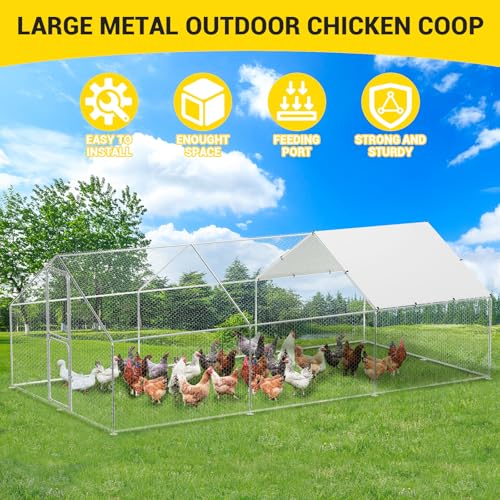 Takywep Walk-in Metal Chicken Coop, 9.8×19.7×6.6FT Galvanized Poultry Cage with Spire Roof, Waterproof UV Cover & Dual Doors, Heavy Duty Large Hen House for Backyard Farm, Suitable for Duck Quail - size: 118.1"L x 236.2"W x 78.7"H