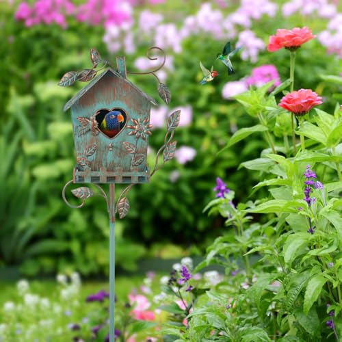 DREAMSOUL 48" Rustic Bird House Pole, Green Birdhouse for Patio | Metal Bird Houses for Outside Garden Yard Accent, Weatherproof Finish, Ornamental Aviary Style - style: Rustic