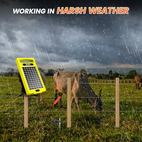 24-Hour Solar Electric Fence Charger, 0.32J, 20-Mile for Livestock | Portable All-in-One Energizer, 5700-10200V Pulse Output, 24/7 Solar Charging, Weatherproof, Deters Predators - color: Yellow