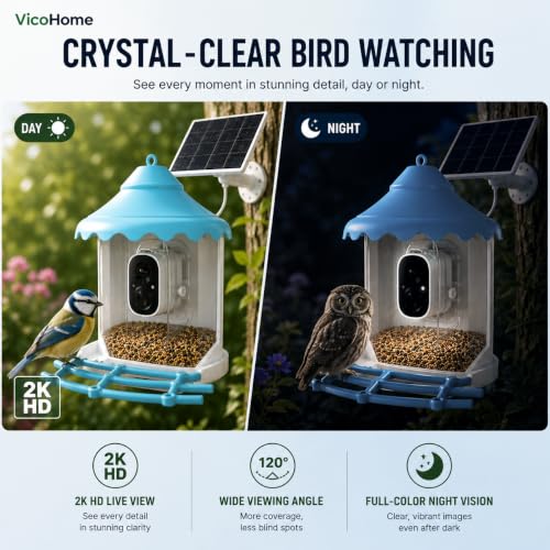 VicoHome N002 Bird Feeder with Camera - AI Bird Recognition, Solar Powered Outdoor Birdhouse Cam with Night Vision, Motion Alerts, App Control, Cloud & SD Storage, IP65 Waterproof, 2K HD Live View