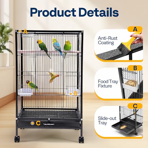 VIVOHOME Wrought Iron Bird Cage with Rolling Stand, 30 Inch Height | Standing Bird Flight Cage with Casters, Slide-out Tray for Parakeets Cockatiels Lovebirds Canaries Finches Conures, Black - color: Black