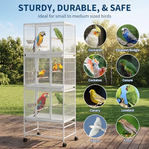 74 Inch Large Bird Cage, Large Flight Aviary with 3 Dividable Compartments for Parakeets Cockatiels Conures Finches, Heavy Duty Breeder Cage with Slide Out Trays for Multi Bird Homes, White - color: White