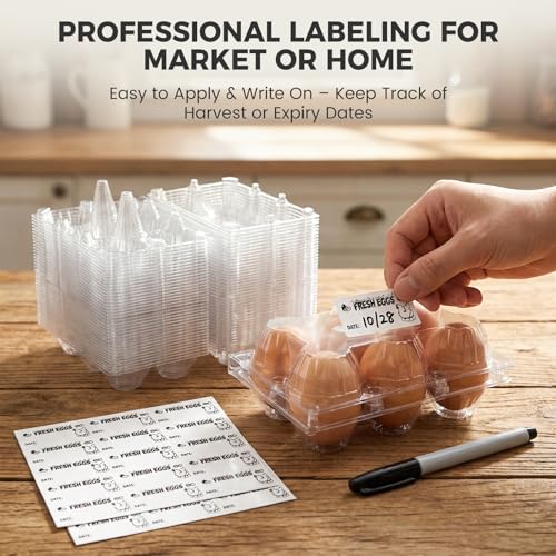 HANSGO 60 PCS Plastic Egg Cartons Bulk with Date Labels, 6 Count | Clear Stackable Egg Holder for Fresh Medium, Eggs Storage, Perfect for Farm, Family, Markets Display - color: 60PK-6CT