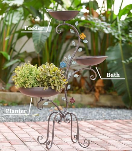 37" H Bird Bath Feeder and Planter for Outdoors Metal 3-in-1 | Birdbaths Stand Vintage Pedestal Bird Bowl for Outside Garden Yard Patio Lawn Decor