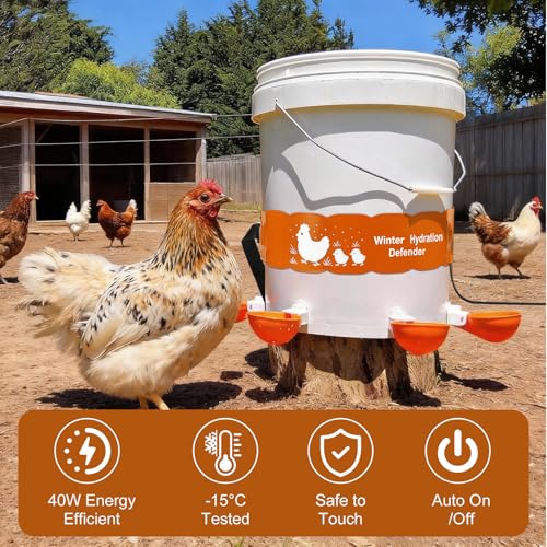 Thermostat Chicken Waterer Heater, Thermo Bucket Belt Heated Strap for 2-5Gal Bucket Chicken Waterers with 6ft Power Cord, 77℉ Automatic Shut-Off, Safe for Outdoor Use, Poultry Water Deicer