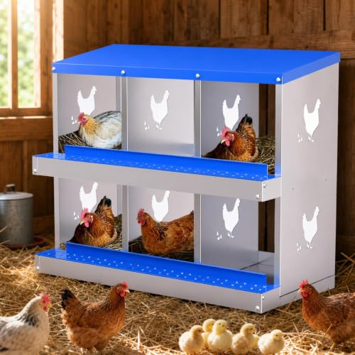 6 Compartment Galvanized Metal Chicken Nesting Box, Easy Install & Clean Roll Out Egg Laying Boxes for Backyard Chicken Coop, Anti-Rust Egg Protection Nest - color: Blue, size: 6 holes