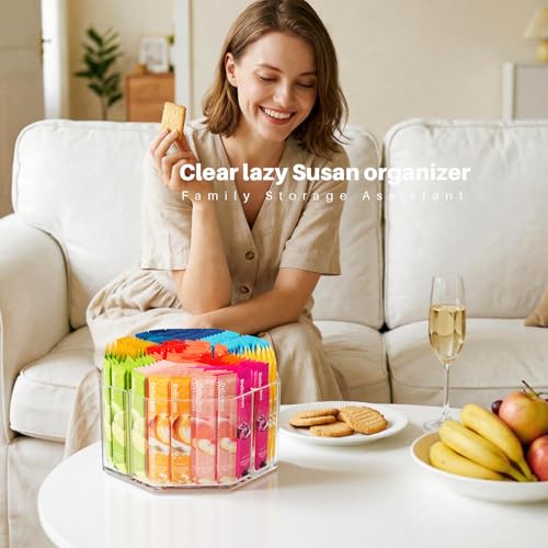 Divided Drink Packet Organizer, Octagonal 5 Compartment Clear Lazy Susan | Lazy Susan Turntable, Rotating Storage Organizer for Powdered Drink Mix, Water Flavor Packets, Coffee, Tea, Spices - size: 1 Pack - 5 Section