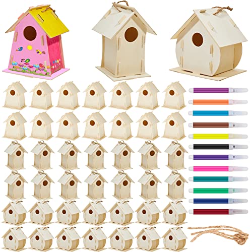 Deekin 42 Sets DIY Birdhouse Kit for Kids to Build and Paint, Include Unfinished Wooden Bird House Strips and Colorful Painting Pens for Fun Craft Activity Creative DIY Art Project