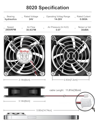 Wathai 24 Volt 80mm DC Brushless Cooling Fan 24V 2Pin 80x20mm DIY Cooler | Compatible with Inverter, 3D Printer, Amplifier, Refrigerator, Generator, Electronics Box, Computer - style: 24V Sleeve 80mm