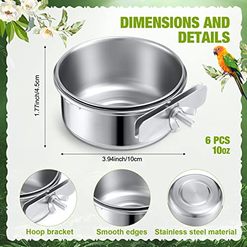6 Pack Bird Feeding Bowls Cups, Parrot Food Water Dishes Stainless Steel Bird Food Bowls with Clamp 10oz Birds Water Feeder for Parakeet Conure Cockatiel Lovebird Budgie Chinchilla Small Animal