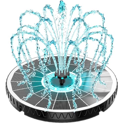 Yzert 2026 Remote Solar Powered Fountain, 6W Glass Bird Bath Fountain with 4000mAh Battery, 7 Nozzles, 4 Fixers & 8 Colorful LEDs, Adjustable Water Height for Outdoor Garden Pond Pool - color: 8leds
