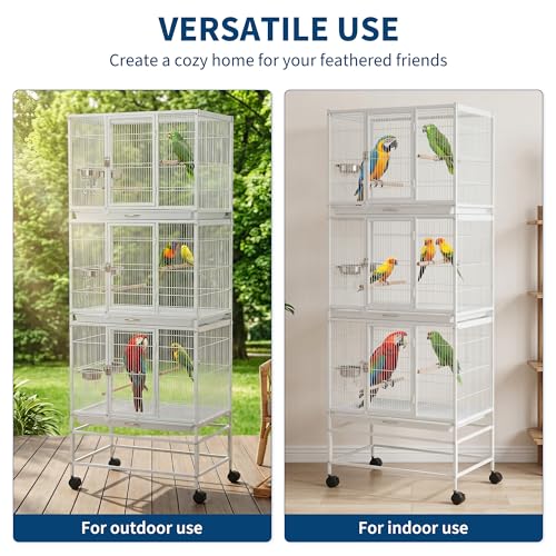 74 Inch Large Bird Cage, Large Flight Aviary with 3 Dividable Compartments for Parakeets Cockatiels Conures Finches, Heavy Duty Breeder Cage with Slide Out Trays for Multi Bird Homes, White - color: White