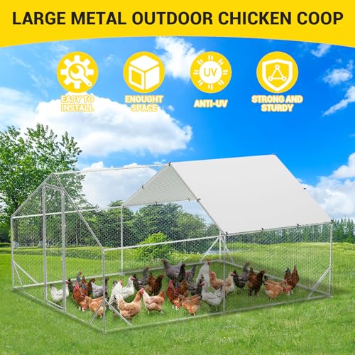 GarveeLife Large Chicken Coop, Metal Chicken Run with Anti-Ultraviolet Waterproof Cover, Spire Roof Walk in Poultry Cage, Outdoor Chicken Pen for Backyard and Farm Use 9.8 ft x 13.1 ft x 6.6 ft - size: 118.1"L x 157.5"W x 78.7"H